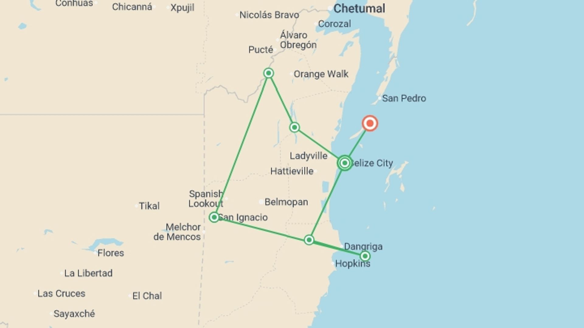 A map showing the tour itinerary for the trip: Family Belize Wildlife Adventure, starting in Belize City, Belize and ending in Caye Caulker, Belize going through 0 other destinations.