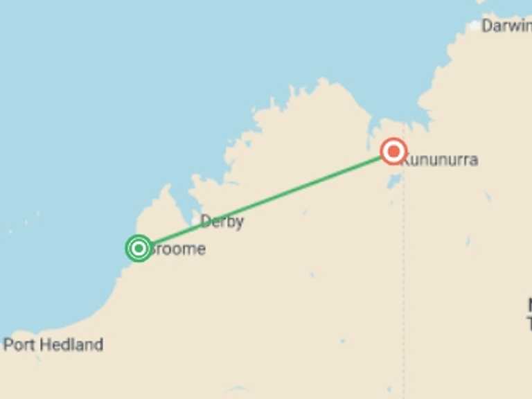 Map itinerary of Australia Tour in July 2027 with 2 destination visits for the trip: Broome and the Kimberley Highlights