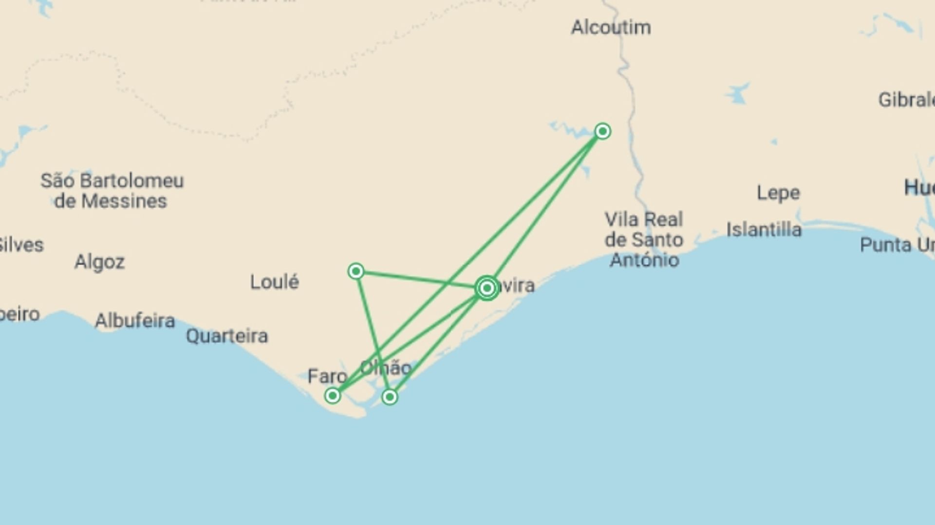 A map showing the tour itinerary for the trip: Upgraded - Walking in the Algarve, starting in Tavira, Portugal and ending in Tavira, Portugal going through 5 other destinations.