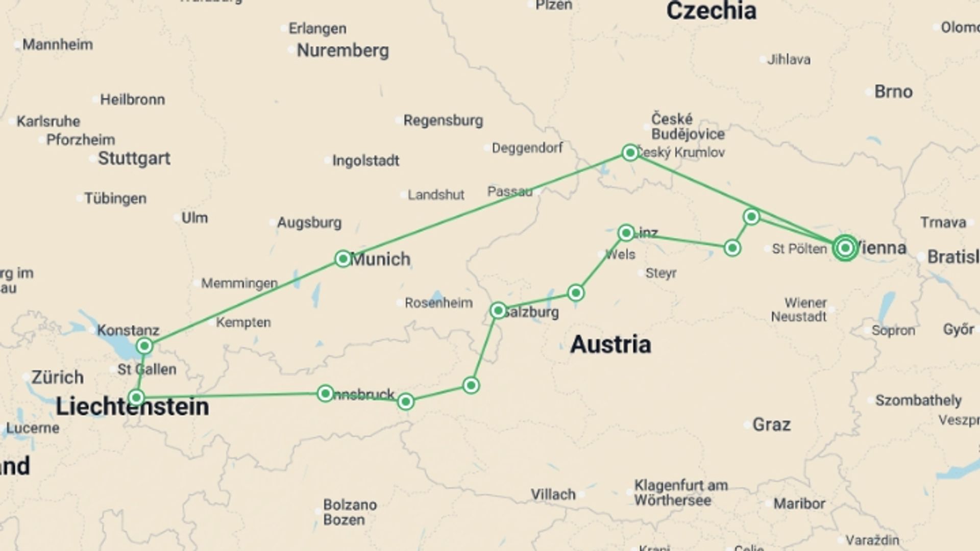 A map showing the tour itinerary for the trip: Austria and its Charms, starting in Vienna, Austria and ending in Vienna, Austria going through 5 other destinations.