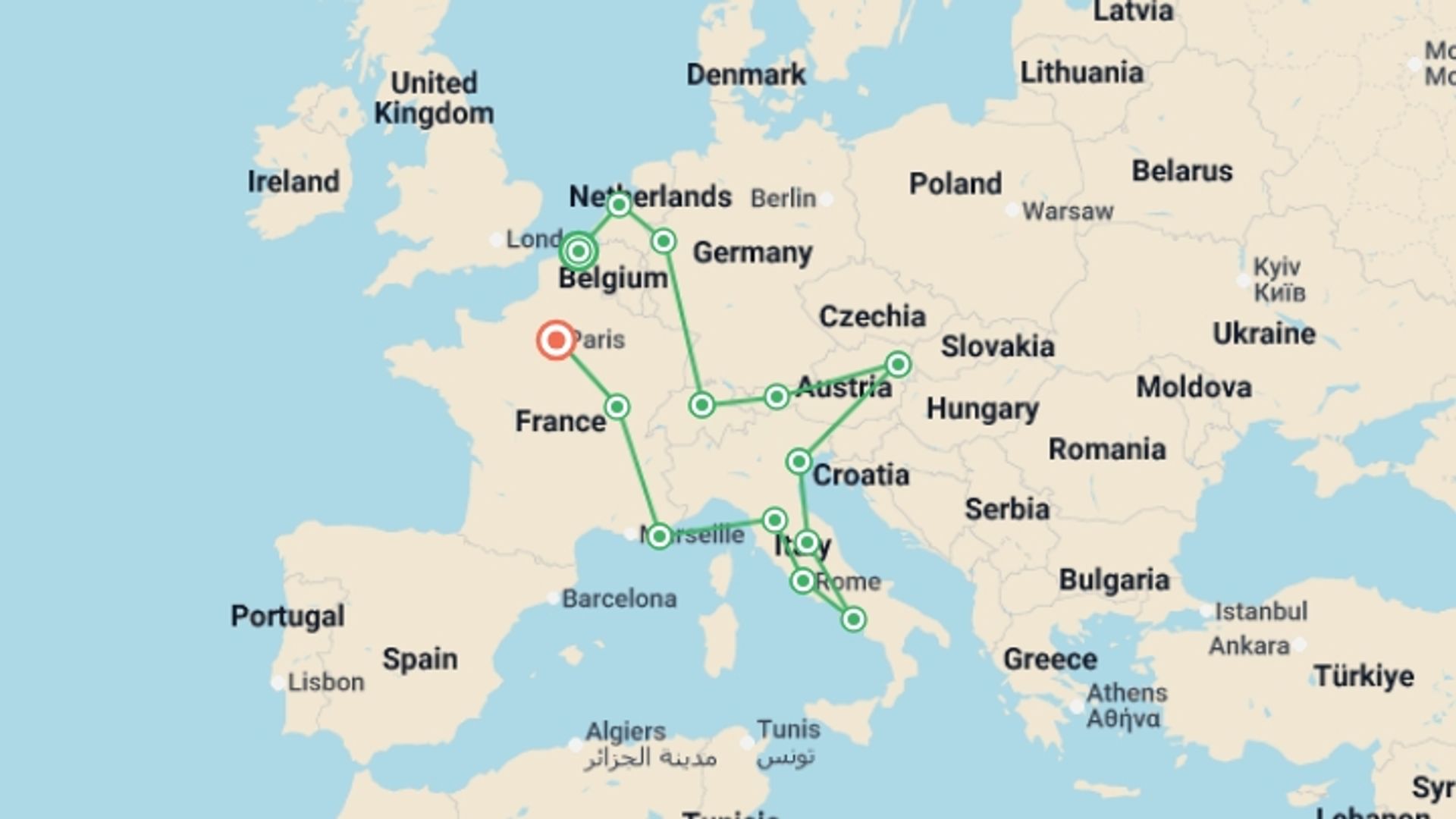 A map showing the tour itinerary for the trip: Grand European, starting in Bruges, Belgium and ending in Paris, France going through 1 other destinations.
