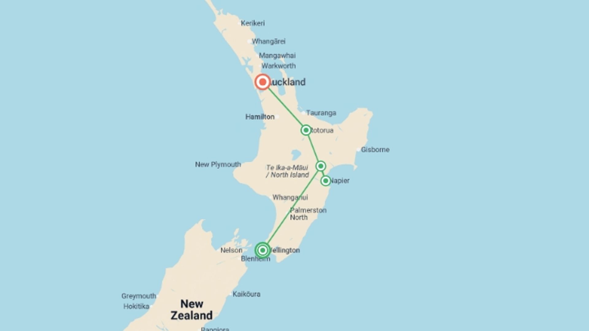 A map showing the tour itinerary for the trip: The Endless Shores, starting in Wellington, New Zealand and ending in Auckland, New Zealand going through 3 other destinations.