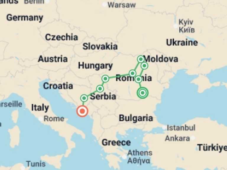 Map of Mediterranean Tour with 9 destination visits for the trip: Balkan Tour – Ending in Dubrovnik