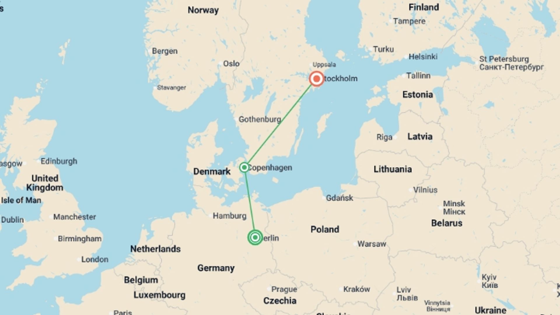 A map showing the tour itinerary for the trip: Explore Berlin to Stockholm, starting in Berlin, Germany and ending in Stockholm, Sweden going through 1 other destinations.
