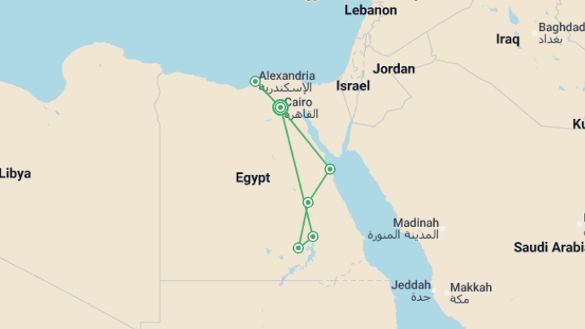 A map showing the tour itinerary for the trip: Explore Egypt, starting in Cairo, Egypt and ending in Cairo, Egypt going through 5 other destinations.
