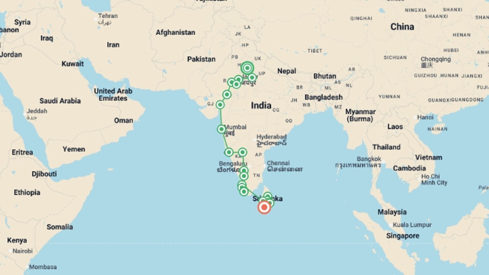 A map showing the tour itinerary for the trip: India to Sri Lanka: The Taj Mahal & Beach Bar Crawls, starting in New Delhi, India and ending in Hikkaduwa, Sri Lanka going through 21 other destinations.