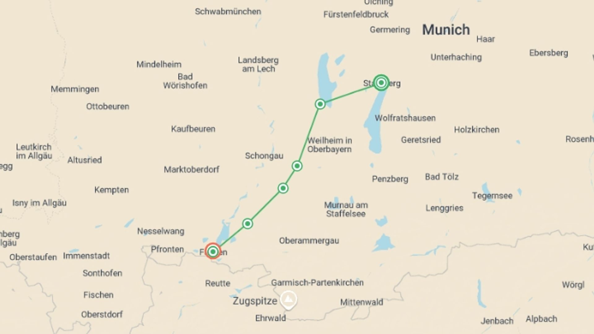 A map showing the tour itinerary for the trip: Walking in Bavaria: King Ludwig's Way, starting in Starnberg, Germany and ending in Füssen, Germany going through 5 other destinations.
