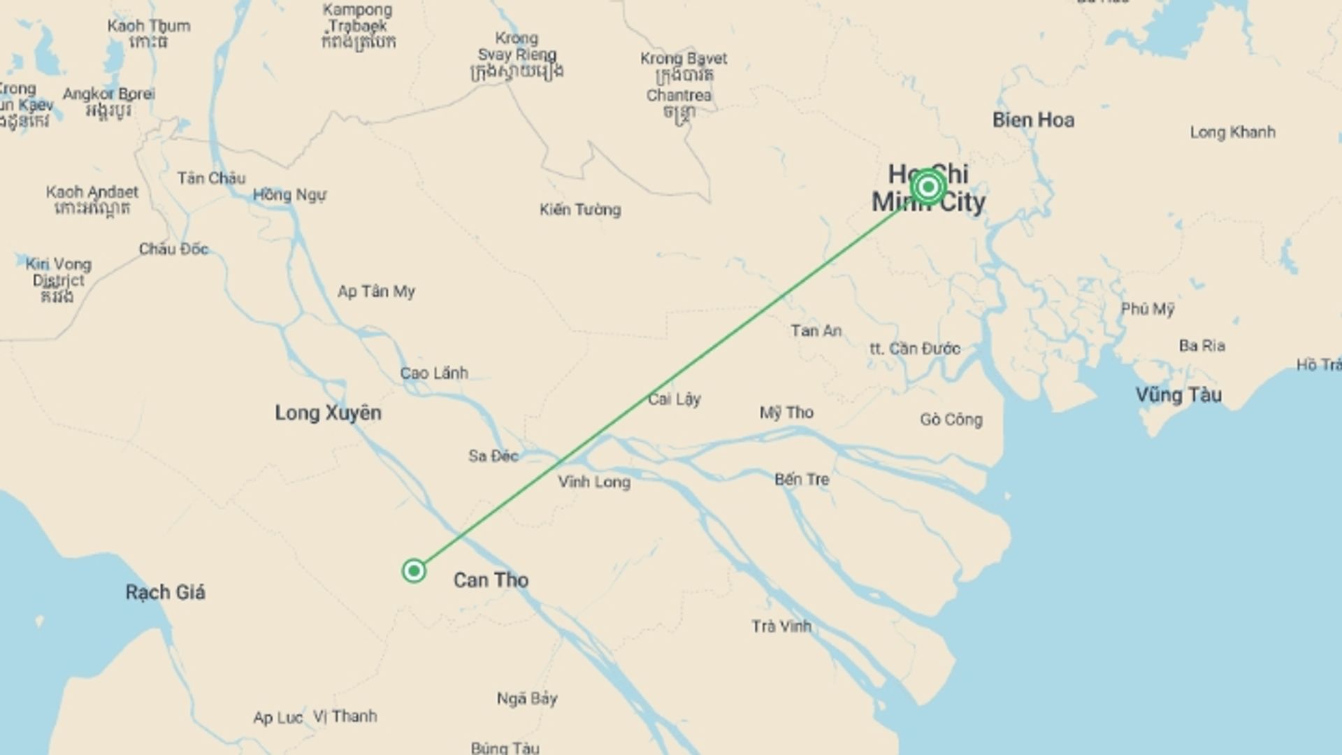A map showing the tour itinerary for the trip: Ho Chi Minh City & Mekong Uncovered - 5 days, starting in Ho Chi Minh City, Vietnam and ending in Ho Chi Minh City, Vietnam going through 0 other destinations.