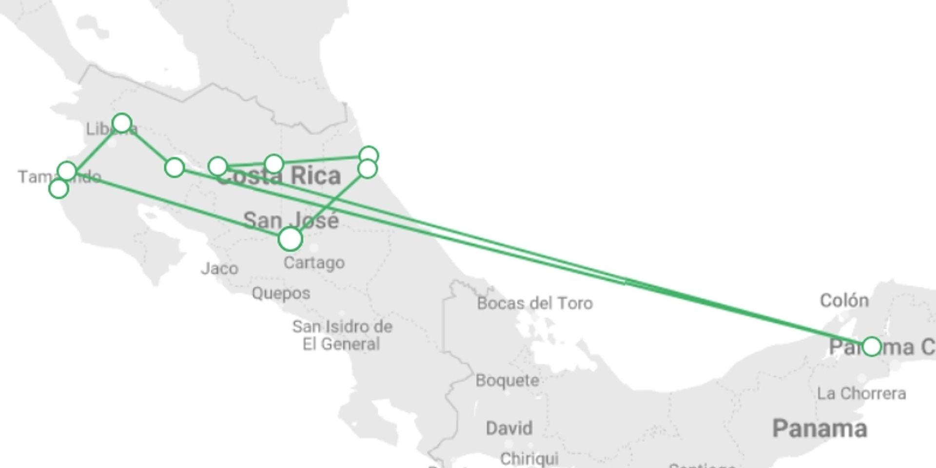 A map showing the tour itinerary for the trip: Costa Rica Family Wild Adventure, starting in San Jose, Costa Rica and ending in San Jose, Costa Rica going through 5 other destinations.