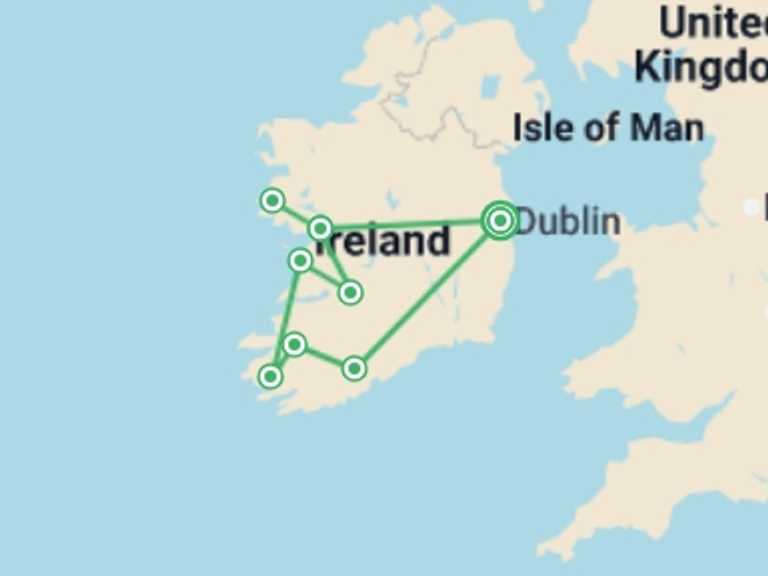Map itinerary of Europe Tour in July 2026 with 5 destination visits for the trip: Unforgettable Ireland