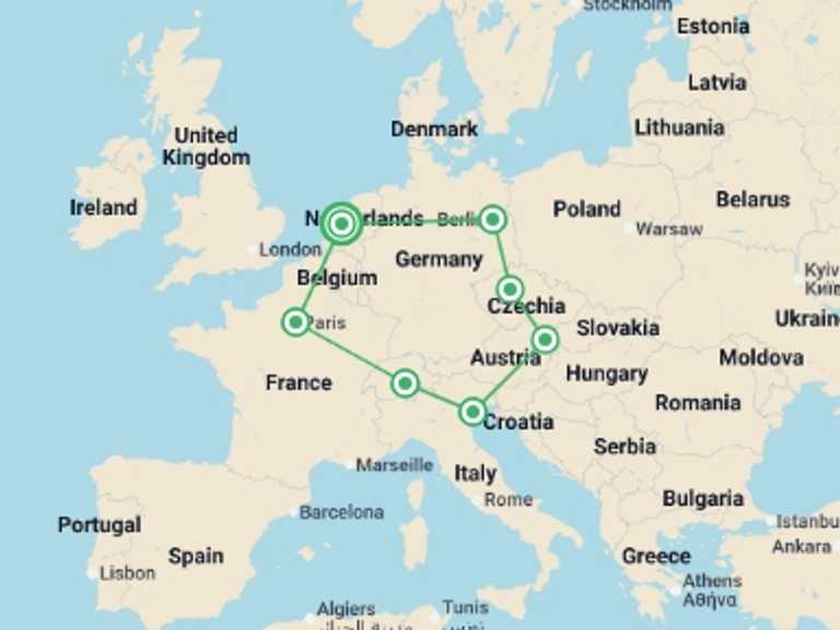 Map of a Walking Tour with 7 destination visits for the trip: Get Social: Europe Express