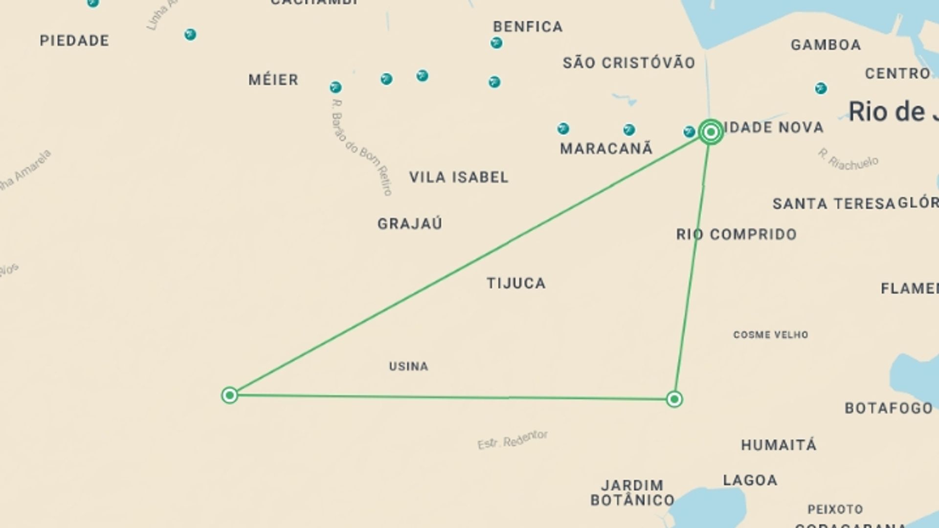 A map showing the tour itinerary for the trip: Rio de Janeiro Welcome Package 4D/3N, starting in Rio de Janeiro, Brazil and ending in Rio de Janeiro, Brazil going through 0 other destinations.
