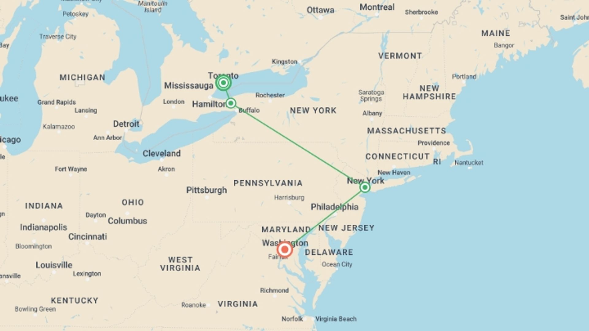 A map showing the tour itinerary for the trip: Toronto, Niagara with East Coast End Washington, starting in Toronto, Canada and ending in Washington D.C., USA going through 2 other destinations.