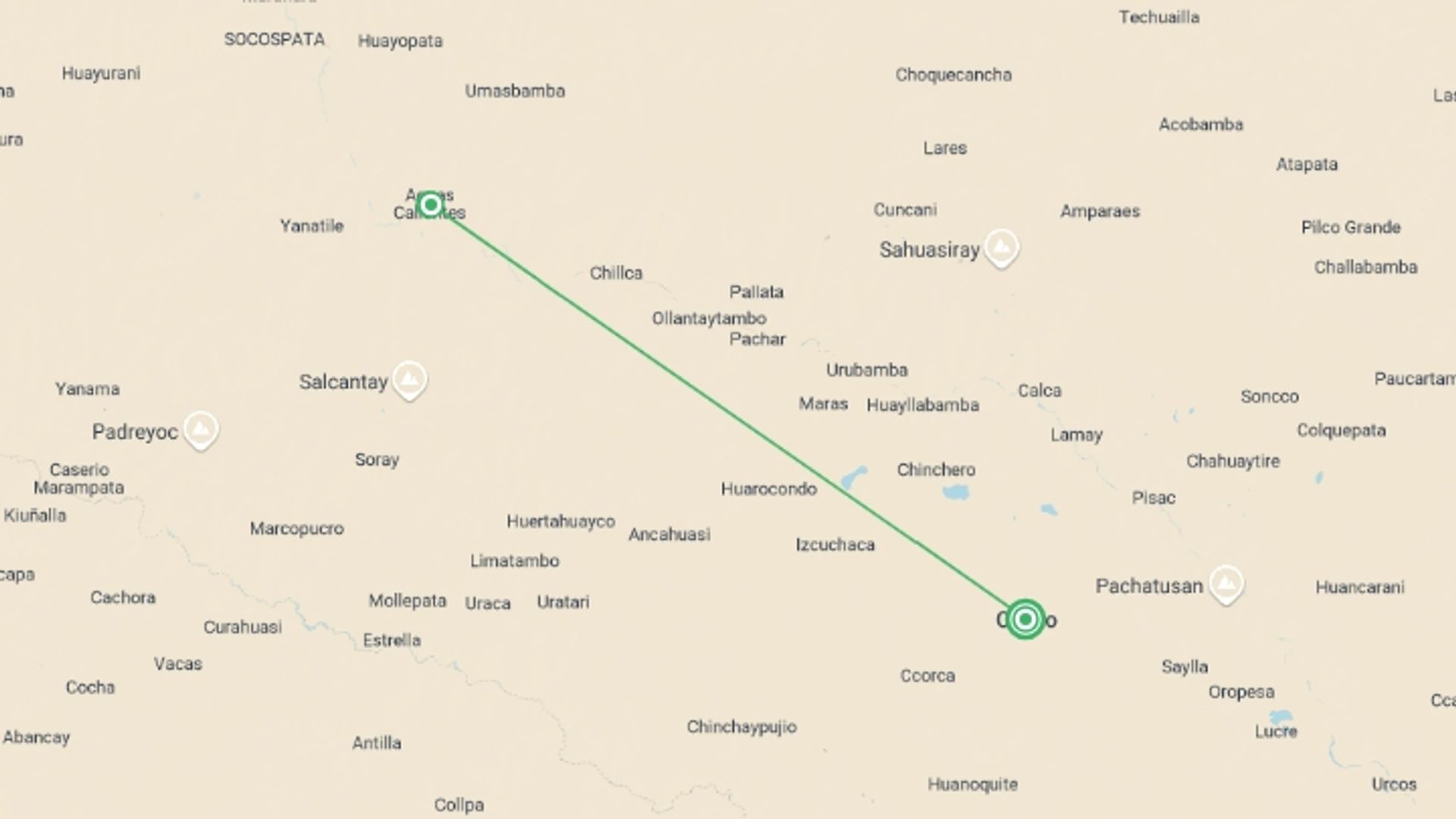 A map showing the tour itinerary for the trip: Two-day Short Inca Trail to Machu Picchu – Group Service, starting in Cusco, Peru and ending in Cusco, Peru going through 1 other destinations.