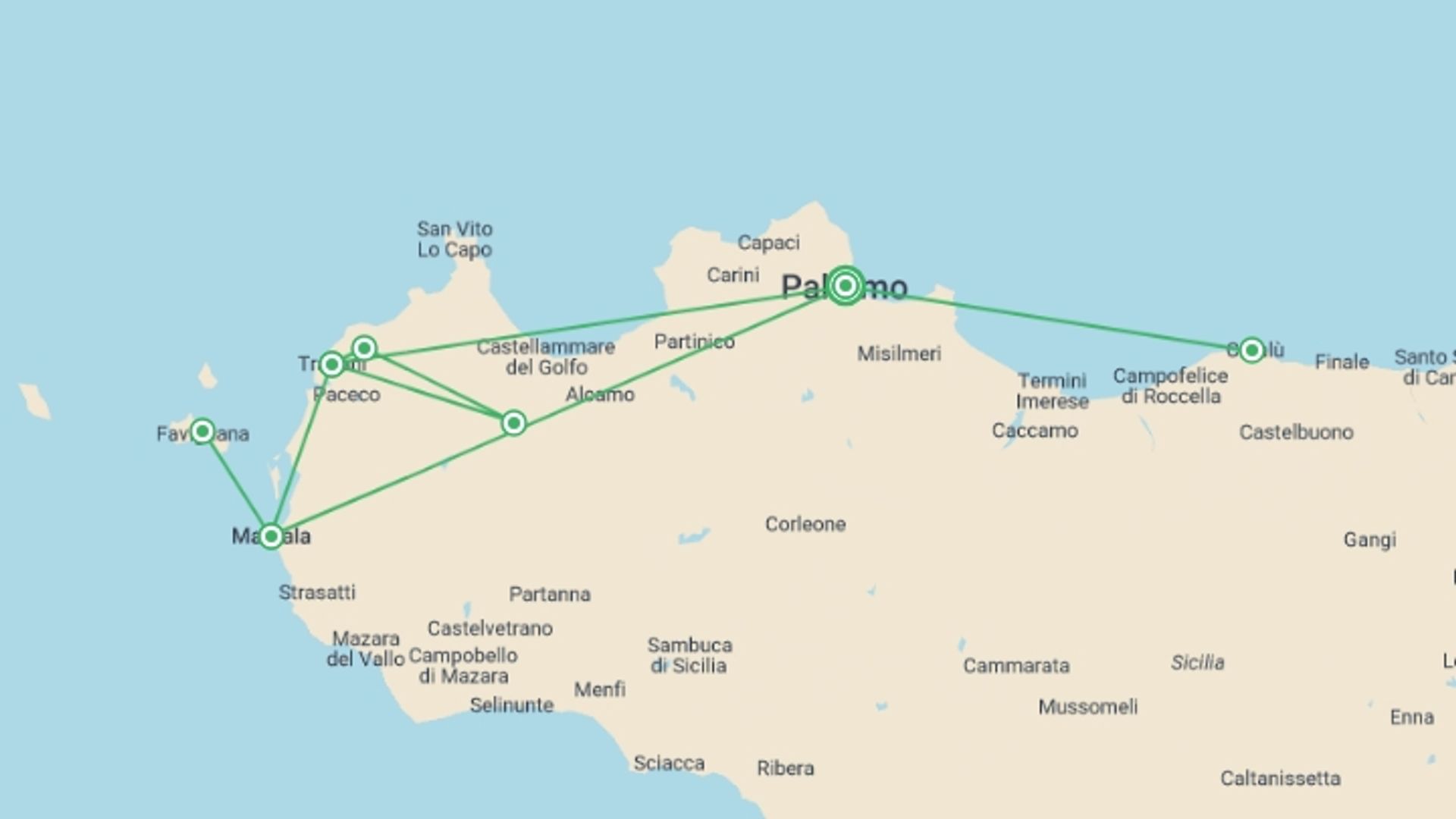 A map showing the tour itinerary for the trip: Northern Sicily, Self-drive, starting in Palermo, Italy and ending in Palermo, Italy going through 2 other destinations.