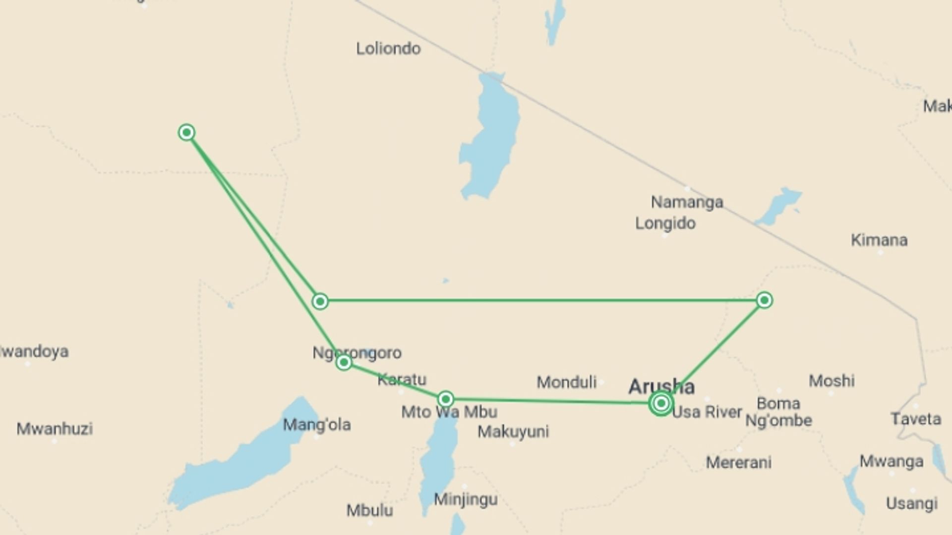 A map showing the tour itinerary for the trip: 4 days 3 nights budget camping safari, starting in Arusha, Tanzania and ending in Arusha, Tanzania going through 5 other destinations.