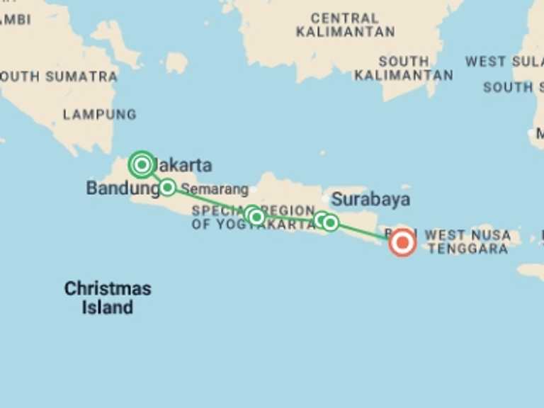 Map of Indonesia Tour with 7 destination visits for the trip: Best of Java