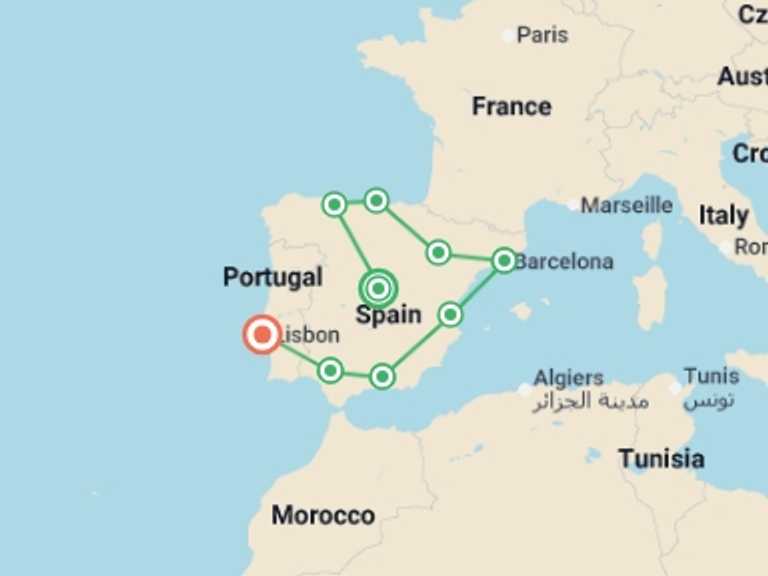 Map itinerary of Europe Tour in Fall with 9 destination visits for the trip: Spanish Ole with Lisbon