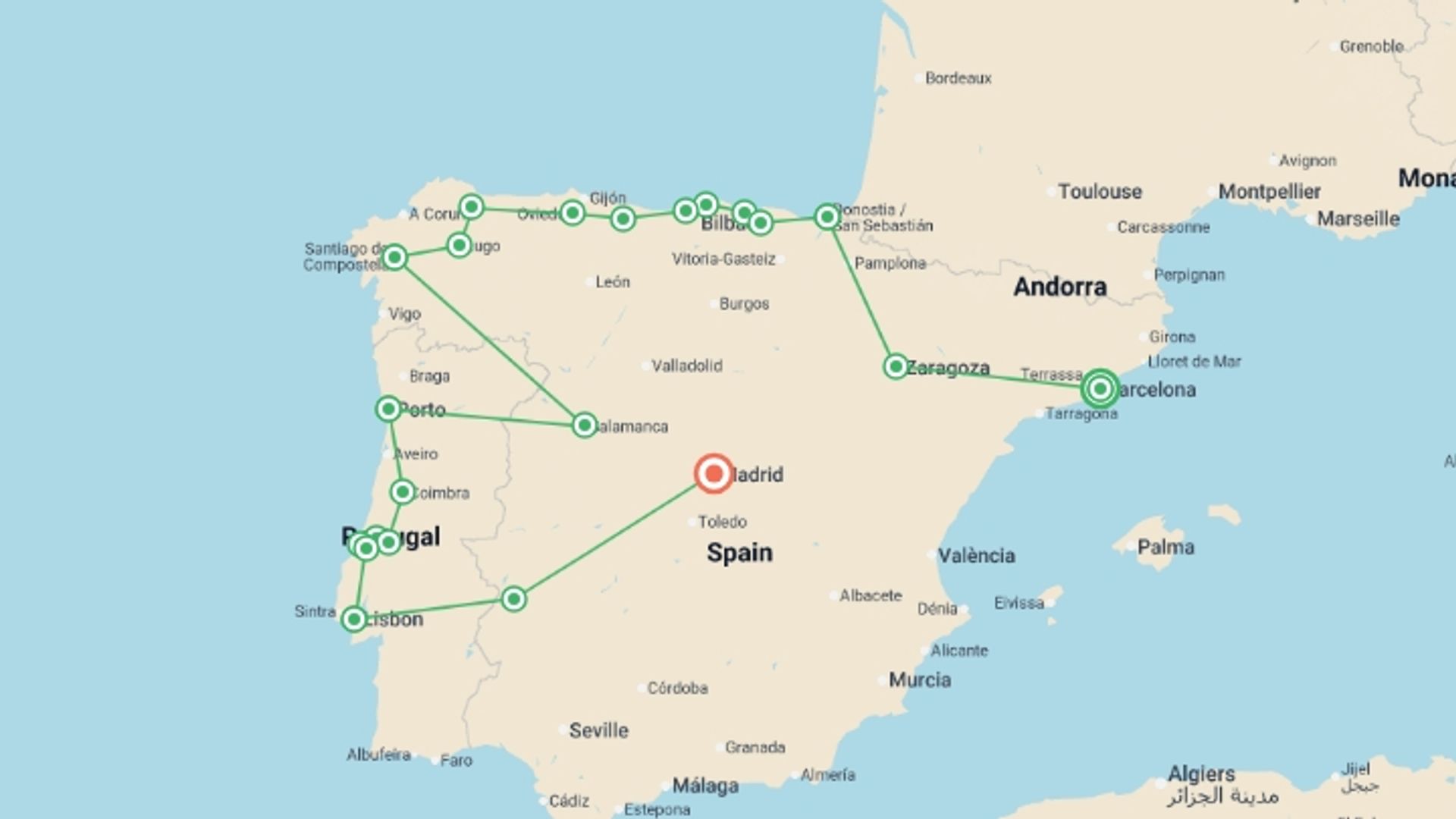 A map showing the tour itinerary for the trip: Barcelona, Northern Spain & Portugal - 16 days, starting in Barcelona, Spain and ending in Madrid, Spain going through 8 other destinations.