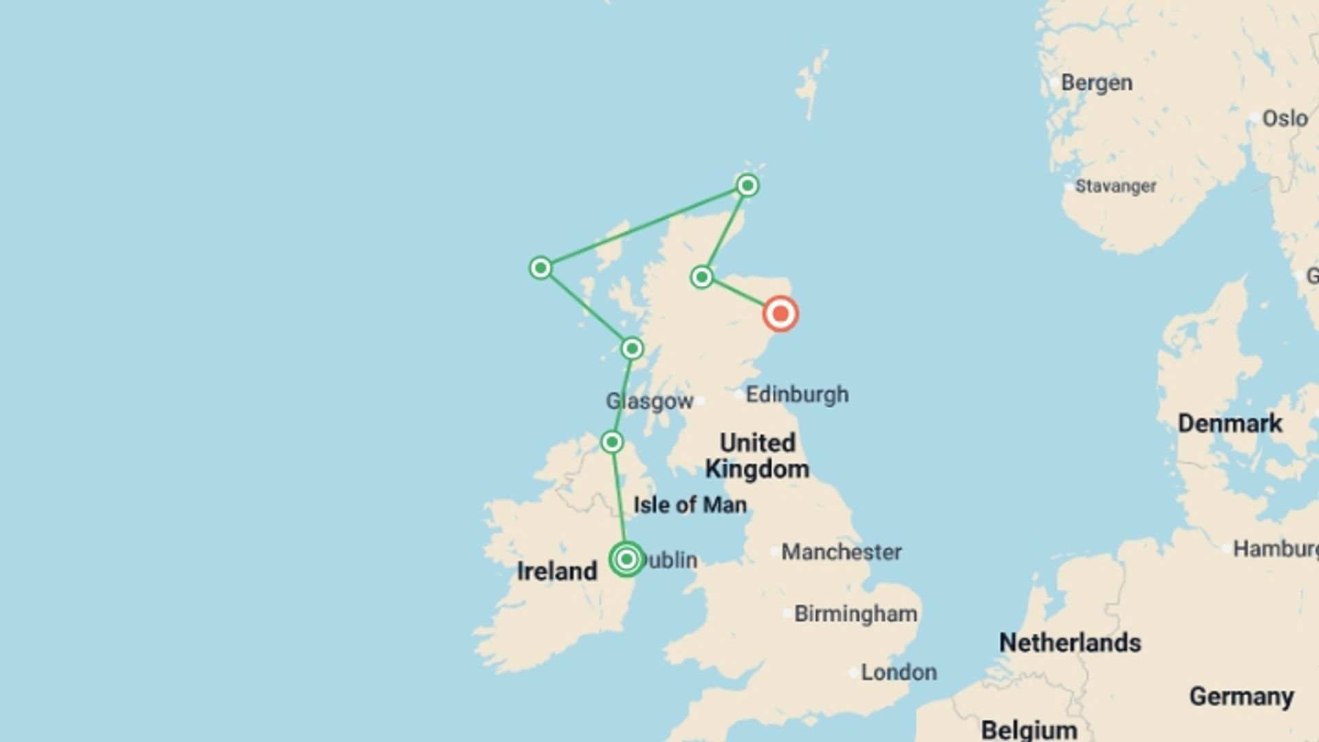 A map showing the tour itinerary for the trip: The Jewels Of Scotland (Ocean Victory), starting in Dublin, Ireland and ending in Aberdeen, Scotland going through 5 other destinations.