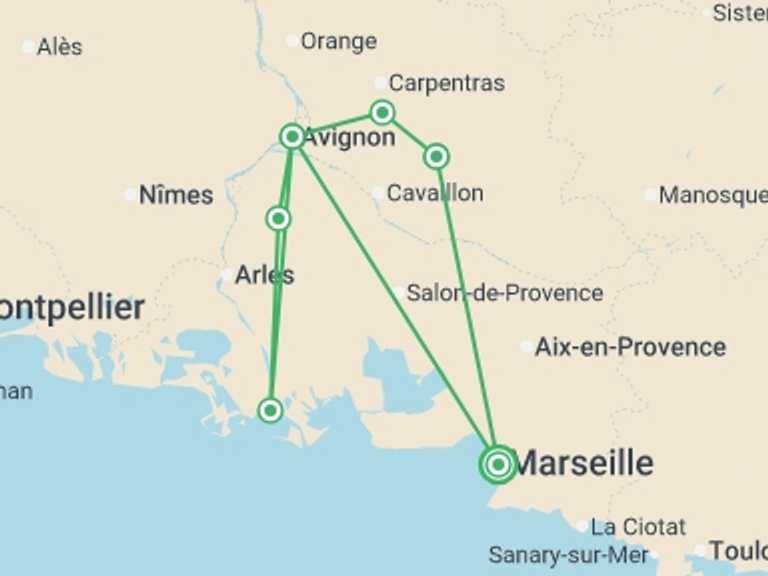 Map itinerary of Mediterranean Tour in May 2026 with 7 destination visits for the trip: Cycle Provence