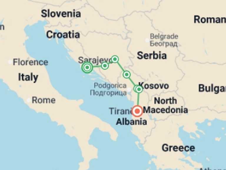 Map itinerary of Sarajevo Tour in May 2027 with 7 destination visits for the trip: Hiking the Balkans: Via Dinarica
