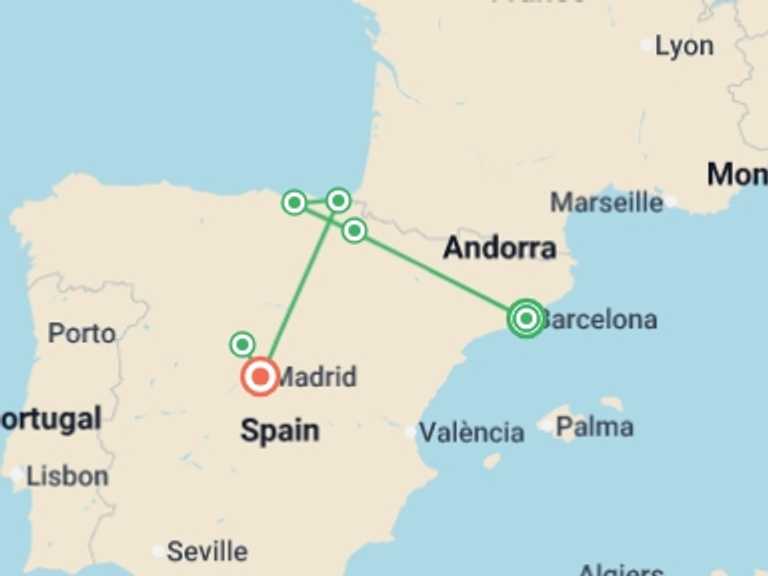 Map itinerary of Mediterranean Tour in June 2026 with 6 destination visits for the trip: Easy Pace Spain