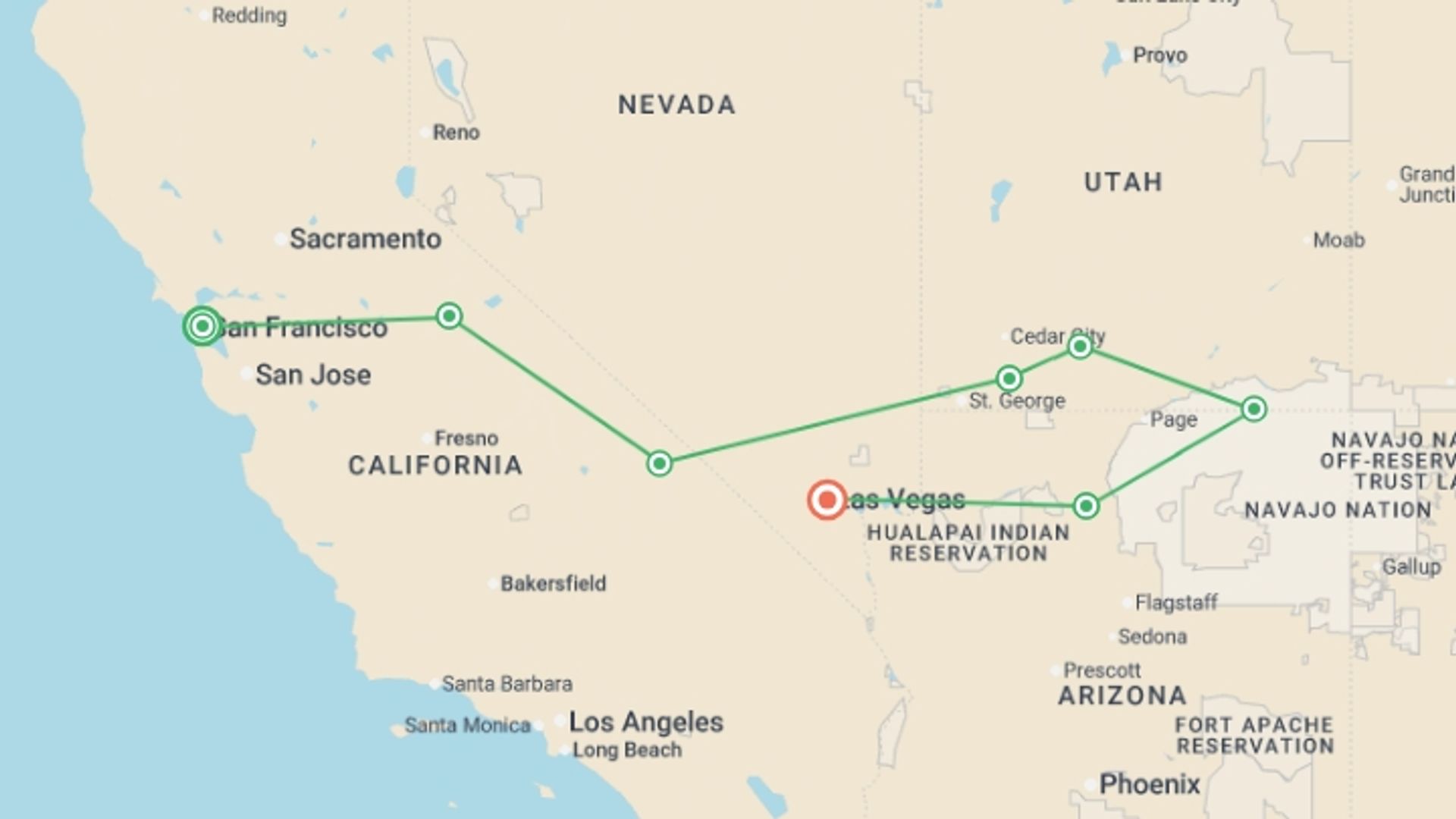 A map showing the tour itinerary for the trip: Walking in America's Canyons & National Parks, starting in San Francisco, USA and ending in Las Vegas, USA going through 6 other destinations.