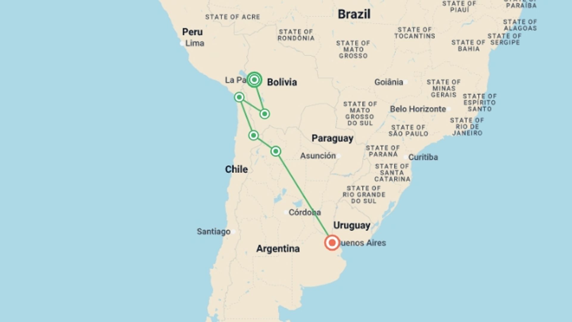 A map showing the tour itinerary for the trip: Real Bolivia & Argentina, starting in La Paz, Bolivia and ending in Buenos Aires, Argentina going through 4 other destinations.
