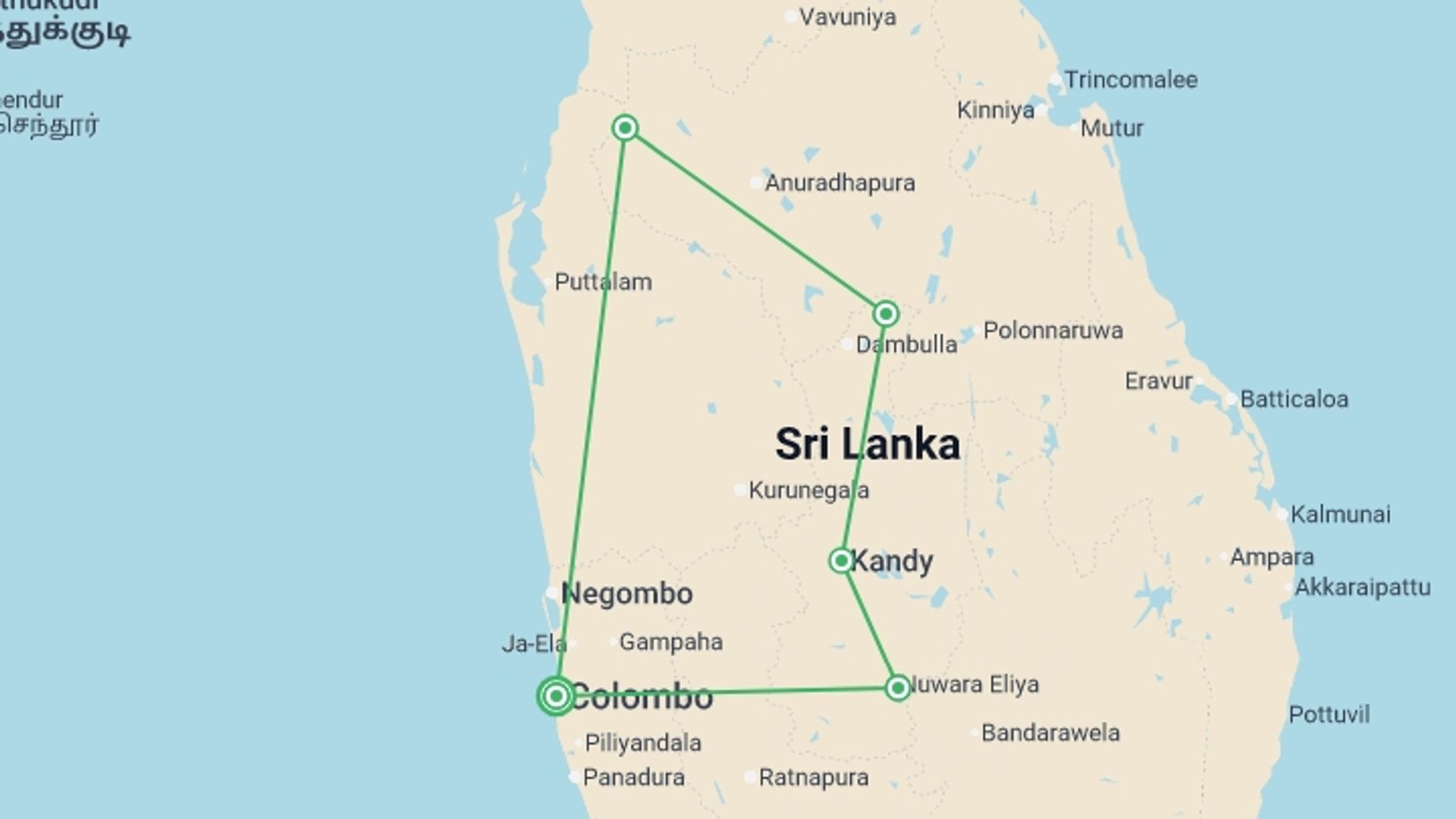 A map showing the tour itinerary for the trip: Classical Sri Lanka, starting in Colombo, Sri Lanka and ending in Colombo, Sri Lanka going through 4 other destinations.