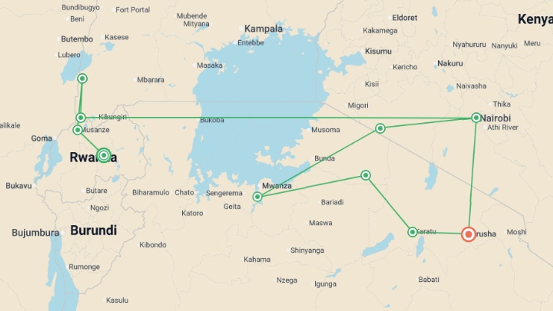 A map showing the tour itinerary for the trip: Gorillas & East Africa Safari, starting in Kigali, Rwanda and ending in Arusha, Tanzania going through 5 other destinations.