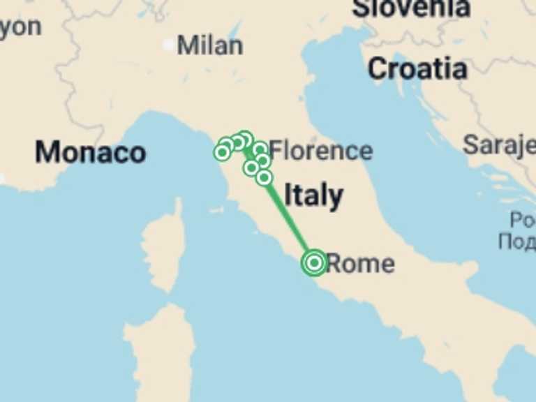 Map itinerary of Italy Tour in June 2026 with 5 destination visits for the trip: The Tuscan Dream Self-Drive