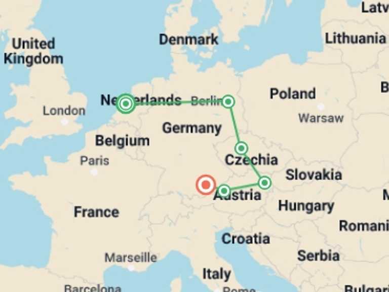 Map itinerary of Vienna Tour in October 2026 with 6 destination visits for the trip: Essential Western Europe: Amsterdam, Berlin & Epic Views