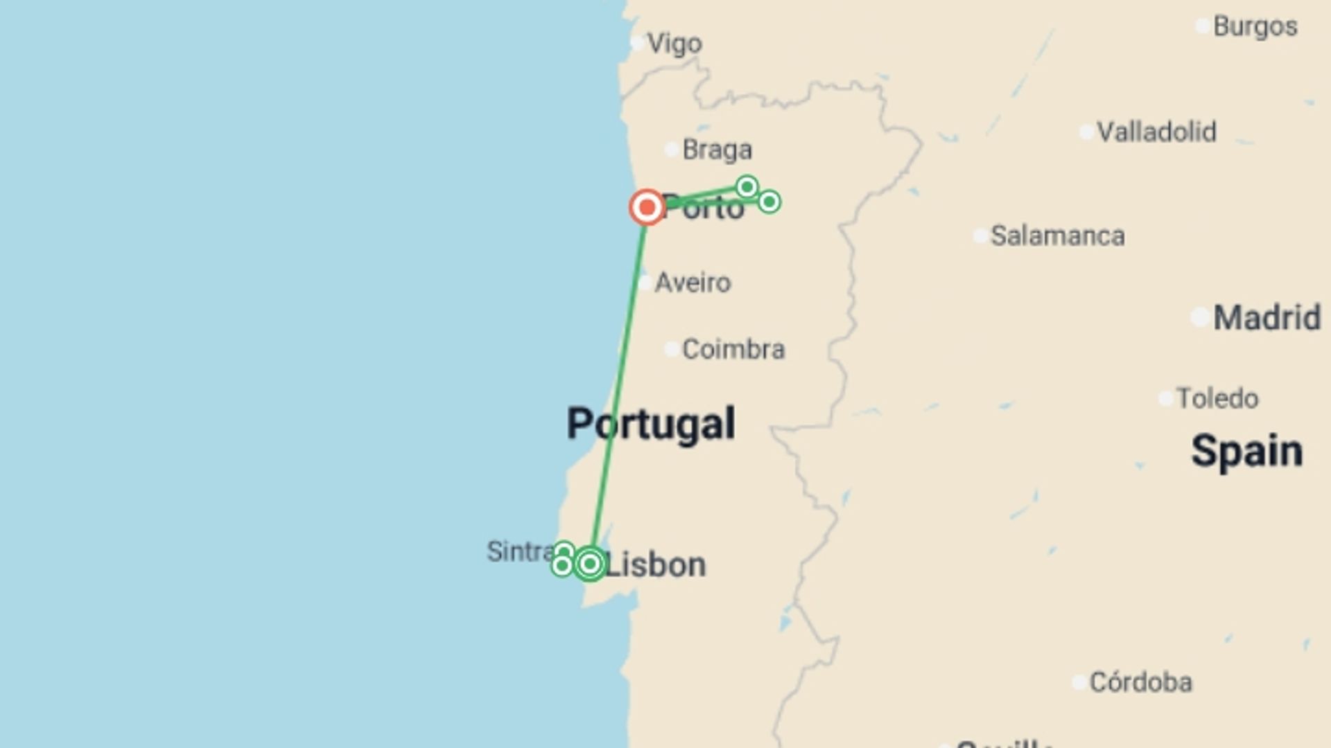 A map showing the tour itinerary for the trip: Lisbon to Porto Discovery - 7 days , starting in Lisbon, Portugal and ending in Porto, Portugal going through 0 other destinations.