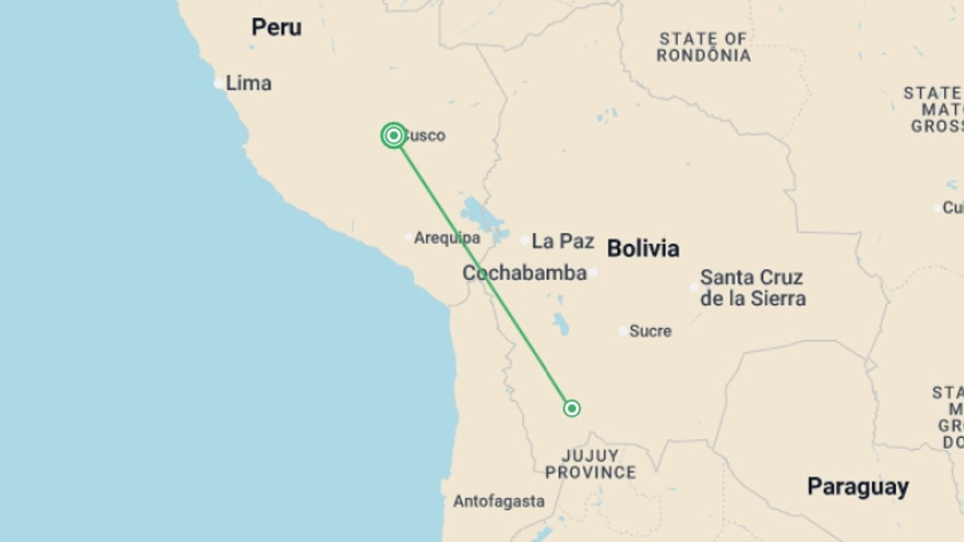 A map showing the tour itinerary for the trip: Salkantay and Lake Humantay 2D/1N, starting in Cusco, Peru and ending in Cusco, Peru going through 1 other destinations.