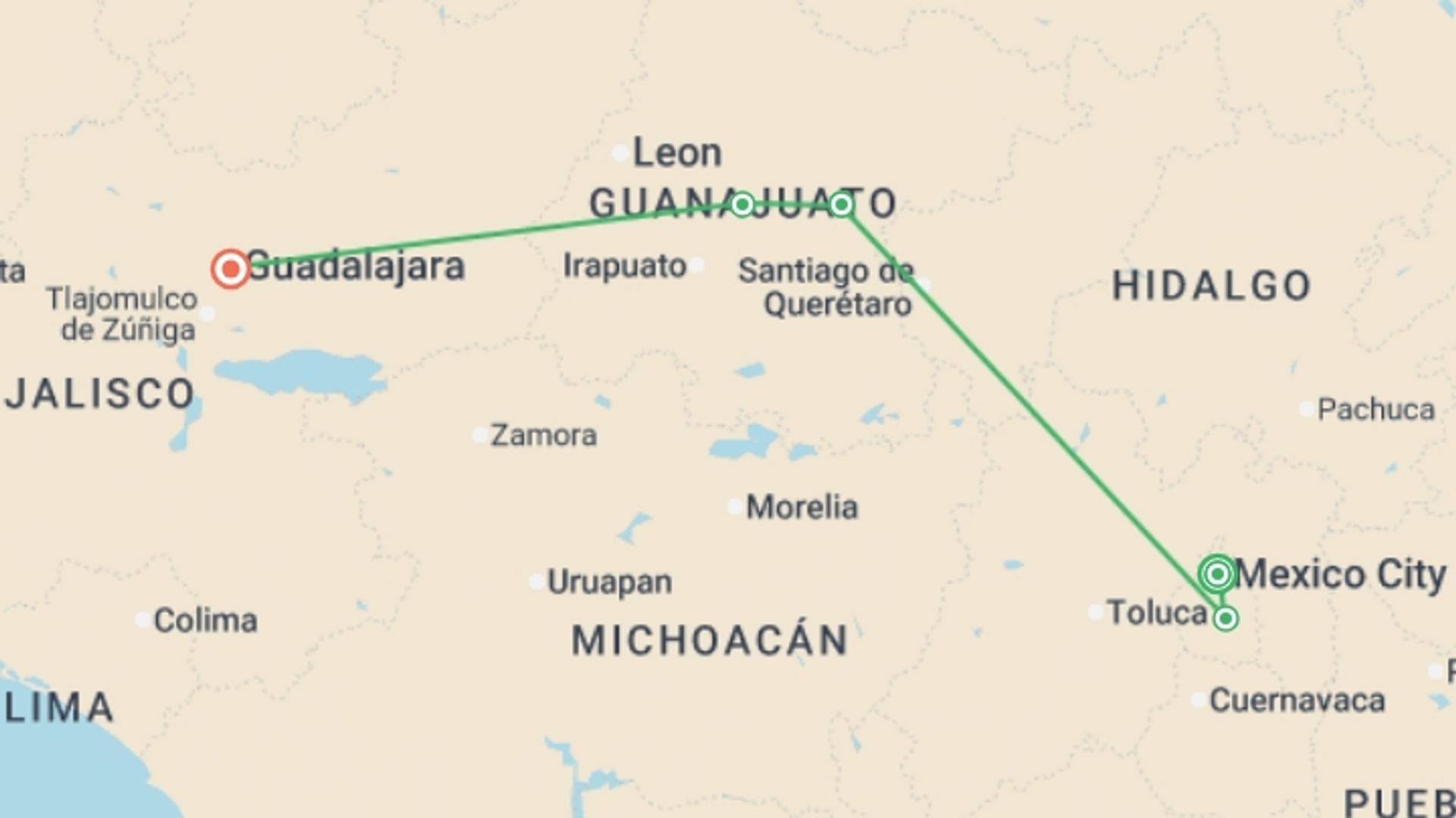 A map showing the tour itinerary for the trip: The Heart of Mexico, starting in Mexico City, Mexico and ending in Guadalajara, Mexico going through 3 other destinations.