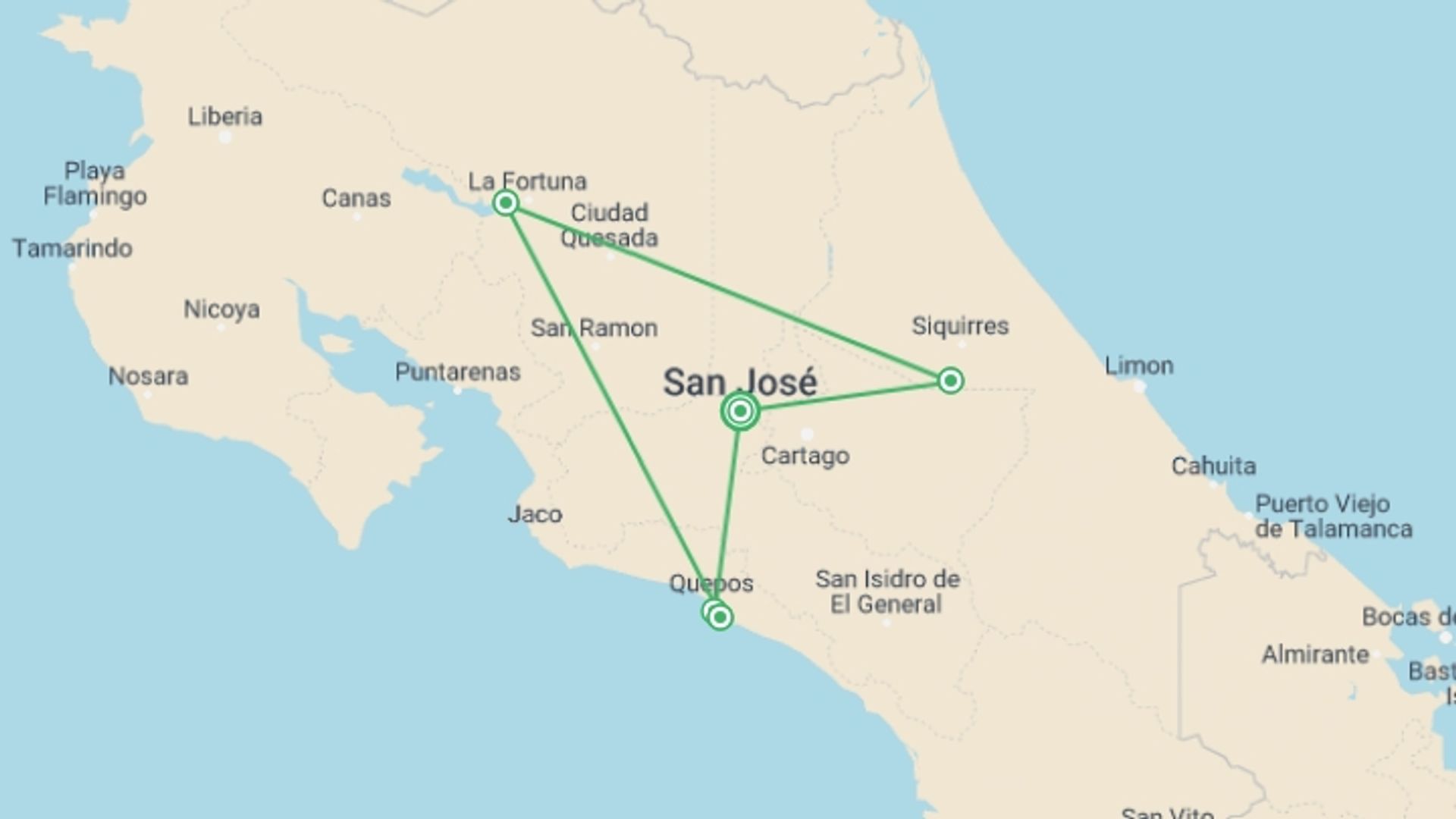 A map showing the tour itinerary for the trip: Romantic Adventure In Costa Rica, Self-drive (on Request), starting in San Jose, Costa Rica and ending in San Jose, Costa Rica going through 4 other destinations.