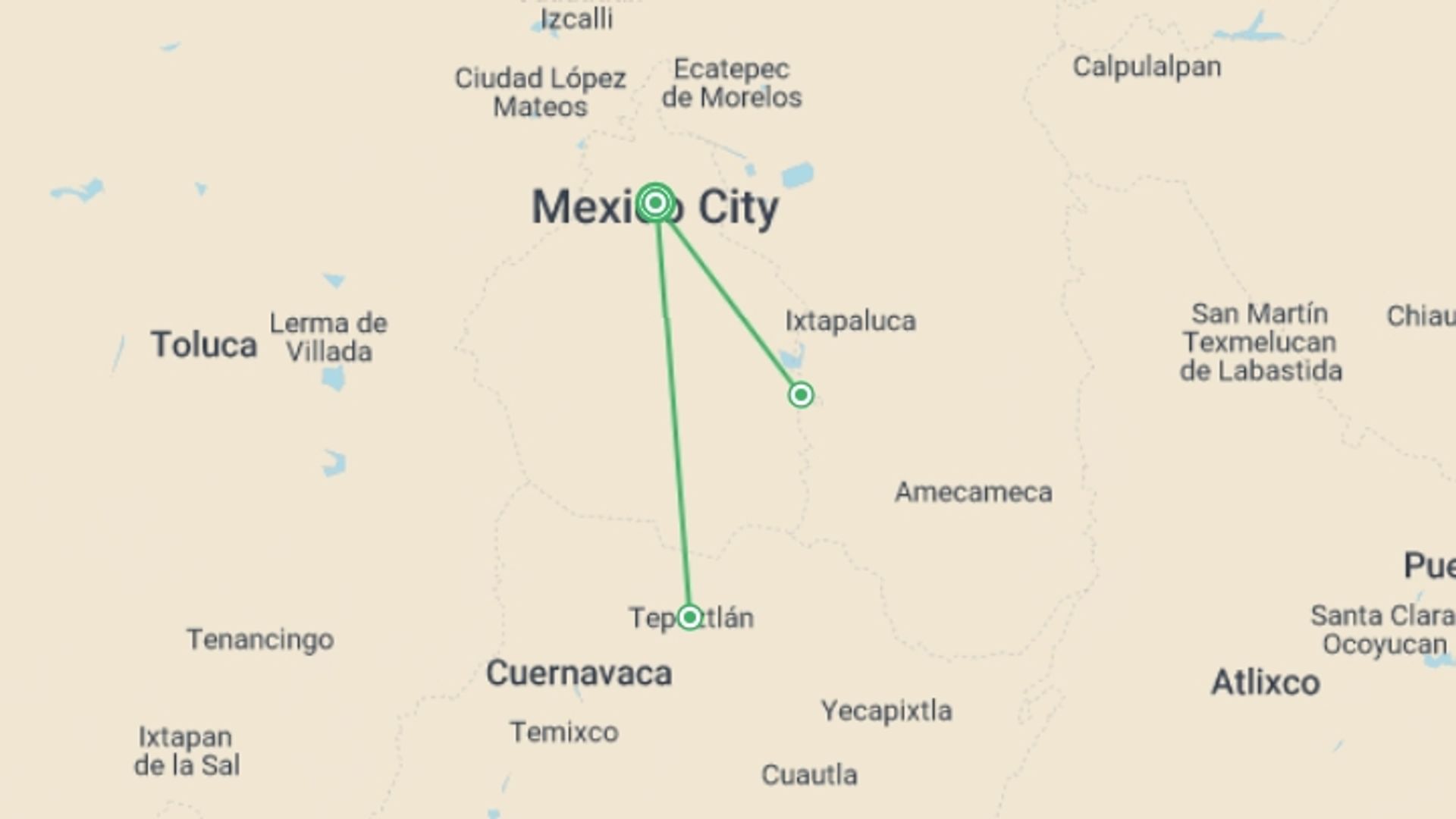 A map showing the tour itinerary for the trip: Day of the Dead Experience 5D/4N (from Mexico City), starting in Mexico City, Mexico and ending in Mexico City, Mexico going through 0 other destinations.