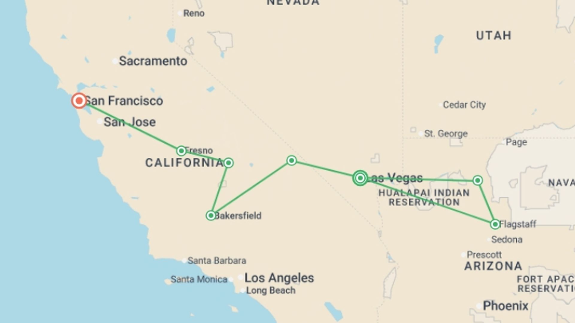 A map showing the tour itinerary for the trip: Great Cities of the West, Ending in San Francisco, starting in Las Vegas, USA and ending in San Francisco, USA going through 3 other destinations.