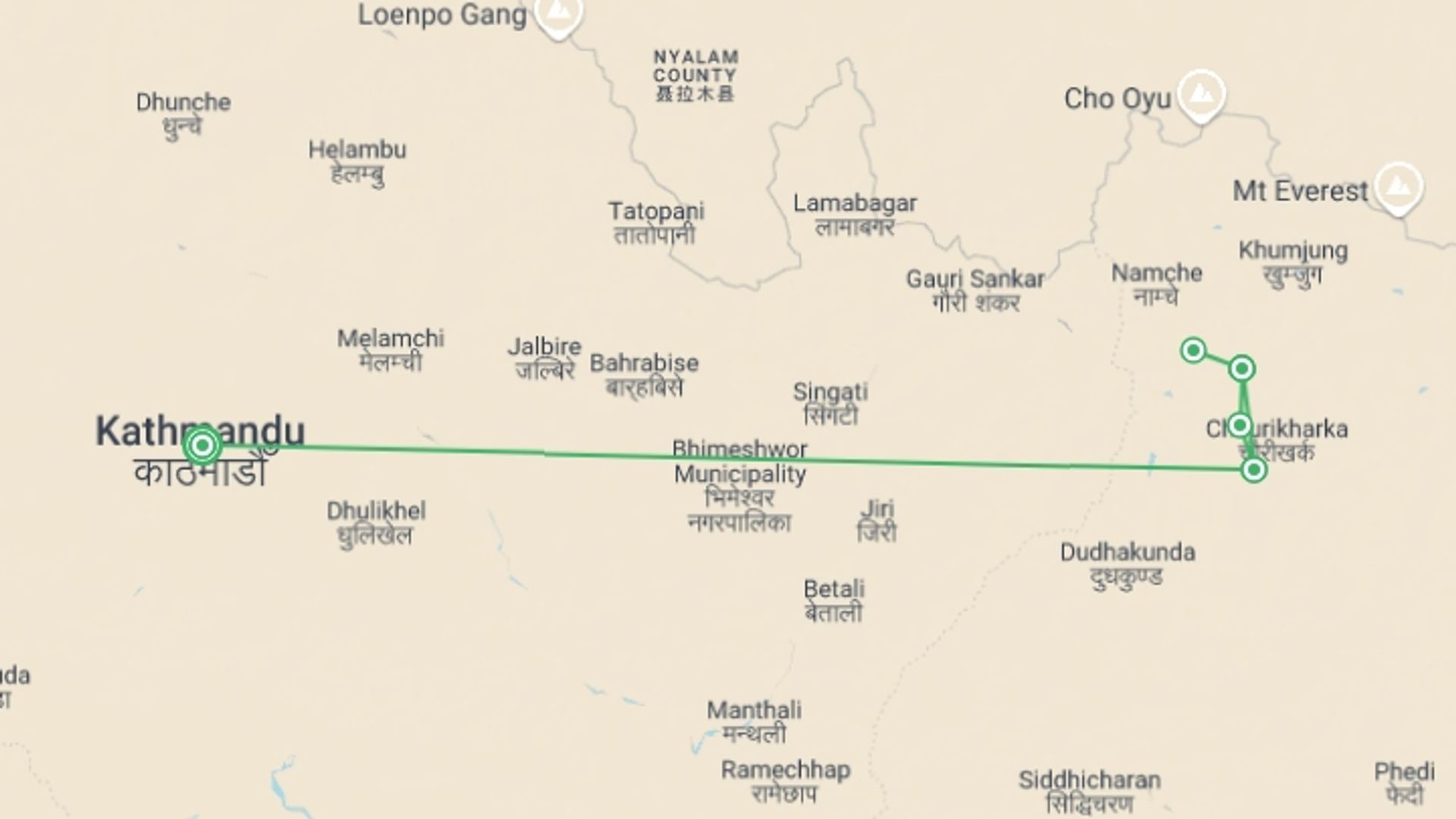 A map showing the tour itinerary for the trip: Everest Base Camp Helicopter Trek, starting in Kathmandu, Nepal and ending in Kathmandu, Nepal going through 3 other destinations.