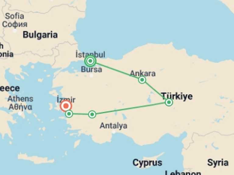 Map of Turkey Tour with 5 destination visits for the trip: Fantastic Turkey | 8 Days