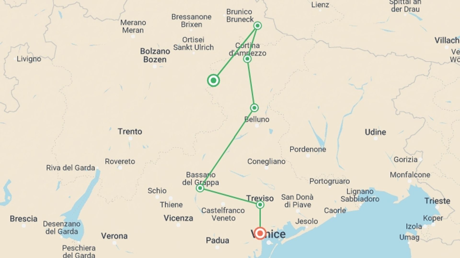 A map showing the tour itinerary for the trip: Cycling from the Dolomites to Venice, starting in Dolomites, Italy and ending in Mestre/Venice Mainland, Mestre/Venice Mainland going through 6 other destinations.