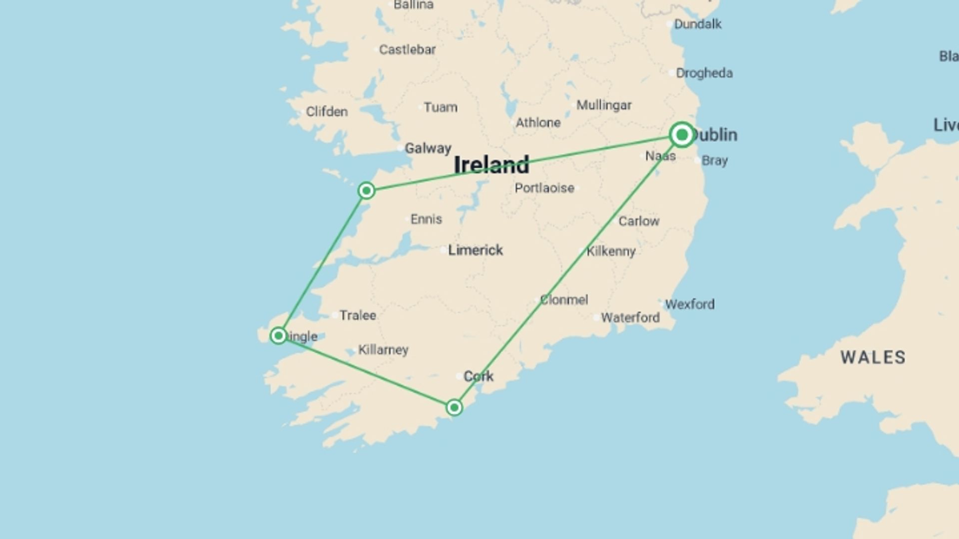 A map showing the tour itinerary for the trip: Super South Ireland - 5 days, starting in Dublin, Ireland and ending in Dublin, Ireland going through 3 other destinations.
