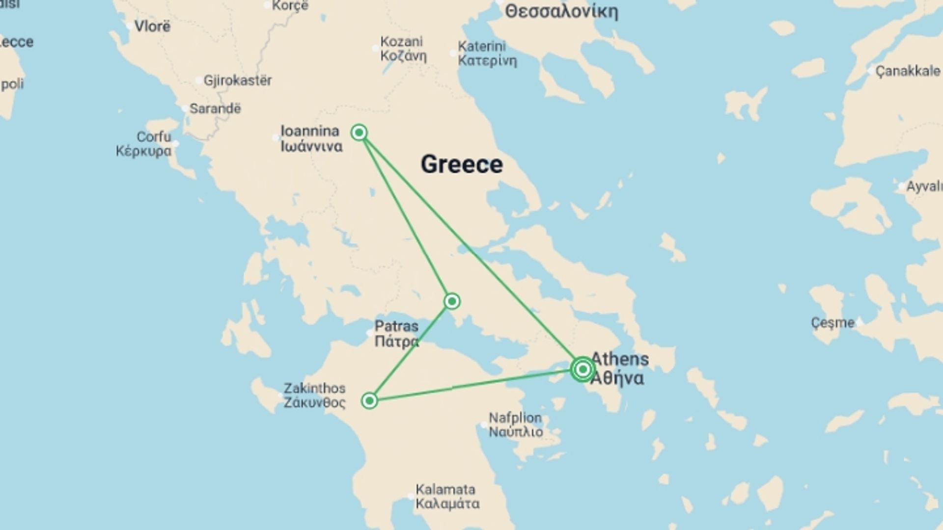 A map showing the tour itinerary for the trip: Classical Greece Overland 7D/6N, starting in Athens, Greece and ending in Athens, Greece going through 3 other destinations.