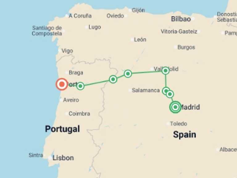 Map of 12-Day Madrid Tour with 7 destination visits for the trip: Walks and Wine Tasting in Spain and Portugal