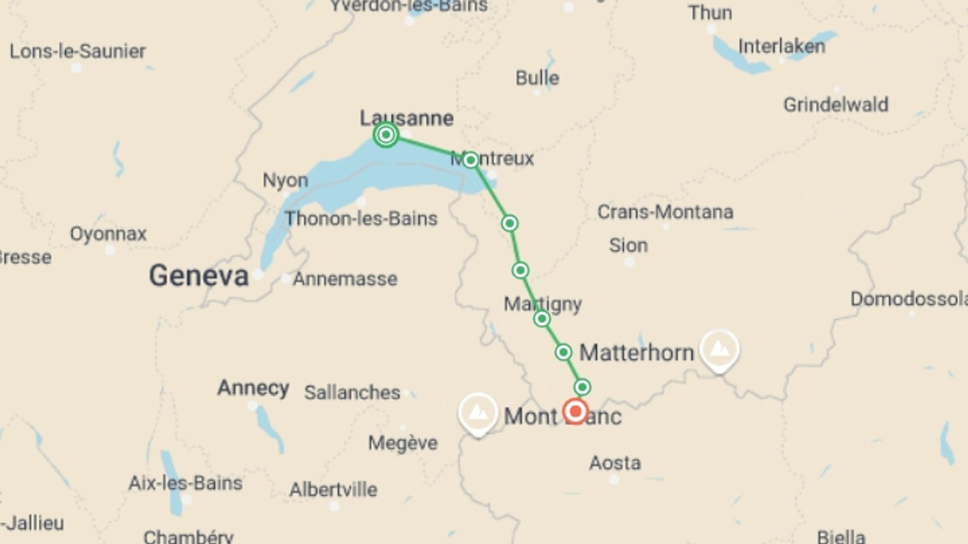 A map showing the tour itinerary for the trip: Via Francigena Switzerland: Lausanne to the Great St Bernard Pass, starting in Lausanne, Switzerland and ending in Great St Bernard Pass, Switzerland going through 6 other destinations.