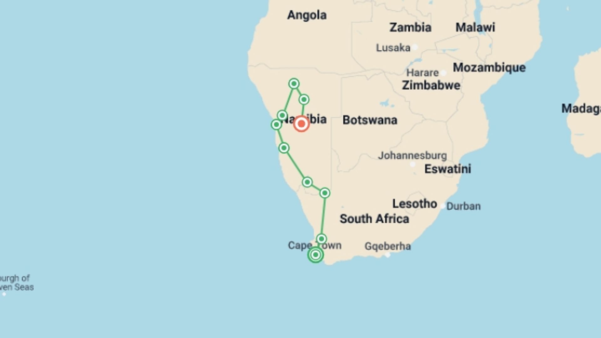 A map showing the tour itinerary for the trip: Cape & Dunes Northbound: Wildlife & Starry Night Skies, starting in Cape Town, South Africa and ending in Windhoek, Namibia going through 8 other destinations.