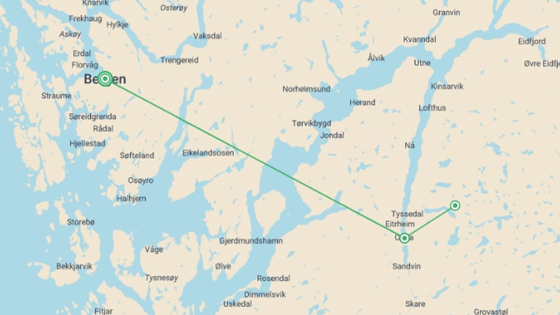 A map showing the tour itinerary for the trip: Norway Fjord Trekking, starting in Bergen, Norway and ending in Bergen, Norway going through 1 other destinations.
