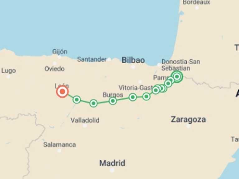 Map of Europe Tour with 10 destination visits for the trip: Spanish Camino by Bike: The Pyrenees to Leon
