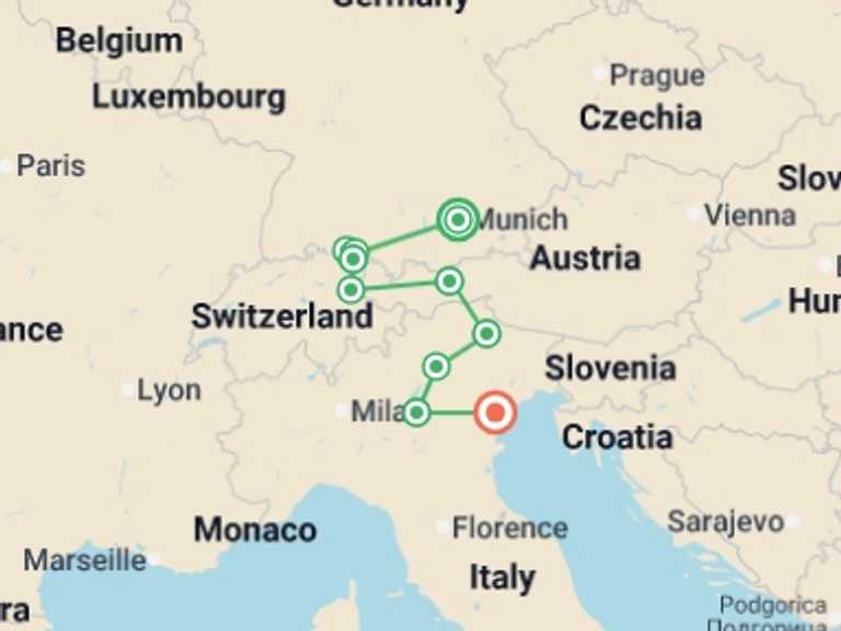 Map of 10-Day Munich Tour with 6 destination visits for the trip: Alpine Escape: Germany, Austria and Italy